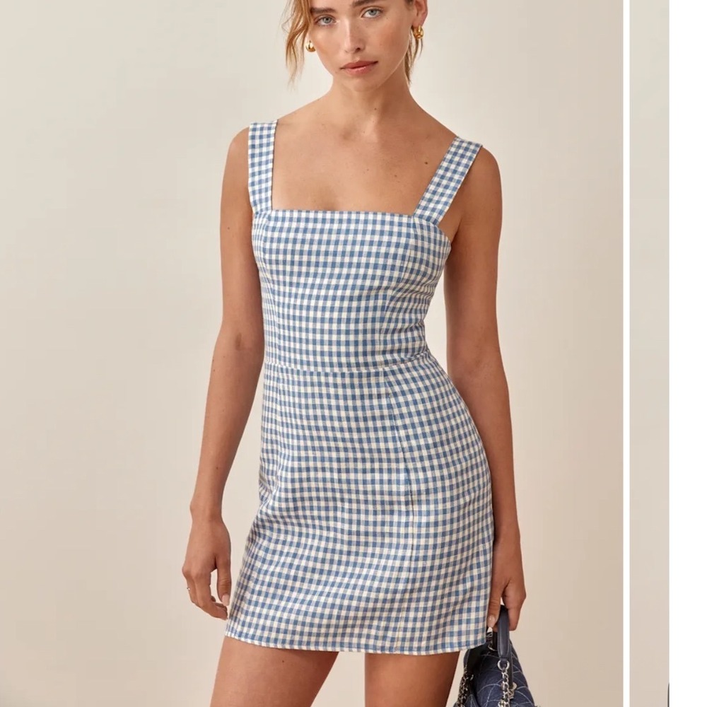 REFORMATION Brigitte linen dress Mini Gingham Blue Size 0 - Picture 2 of 9